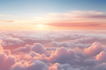 Tranquil sunrise above fluffy clouds, with warm pink and orange hues blending into a serene blue sky. Generative AI
