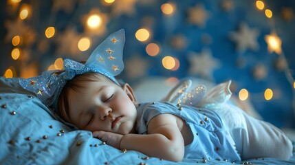 a baby wearing a fairy custome with wings napping on the bed