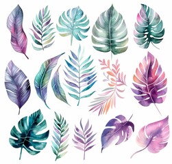 Collection of vibrant watercolor leaves arranged on a clean white backdrop