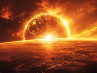 Fotobehang Heat wave intensity, sun encroaching on Earth, global warming theme, 6K, dramatic and vibrant © Thanadol