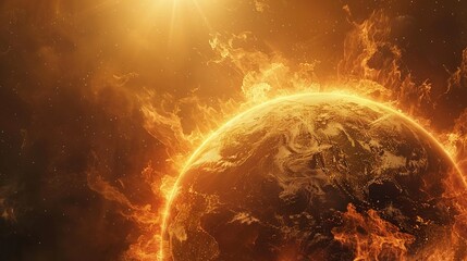 Global warming visual, 6K, sun perilously near Earth, heat wave symbolism, striking and alarming - obrazy, fototapety, plakaty