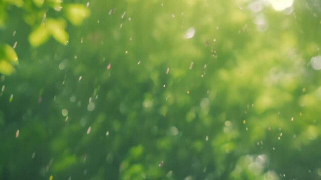 Pollen flying in air over green trees background. 4k video animation