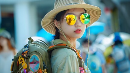Young asian woman girl tourist holiday maker on the street exploring europian city wearing hat colorful sunglasses backpack with travel patches. Adventure travel tourism concept. - obrazy, fototapety, plakaty