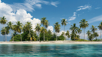 A beautiful exotic beach with palm trees, white sand and blue.