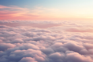 Tranquil sunrise above fluffy clouds, with warm pink and orange hues blending into a serene blue...