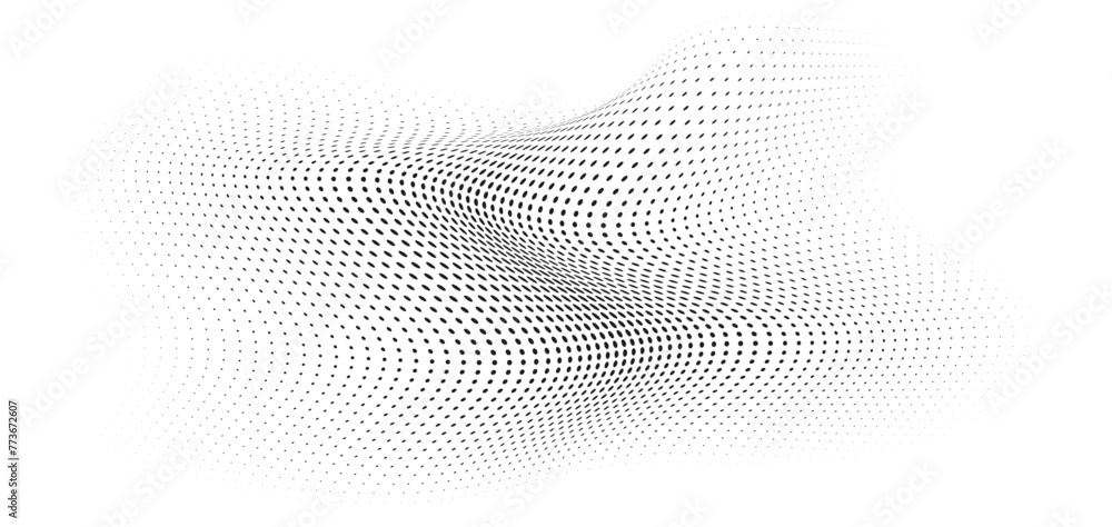 Fototapete Flowing Wave Dot Halftone Pattern: Curve Gradient Shape on Transparent Background. Suitable for AI, Tech, Network, Digital, Science, and Technology Themes.