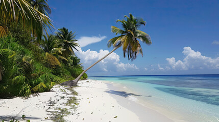A beautiful exotic beach with palm trees, white sand and blue.
