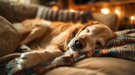 a golden retriever dog sleeping on the sofa in the living room - obrazy, fototapety, plakaty