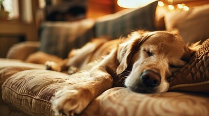 a golden retriever dog sleeping on the sofa in the living room