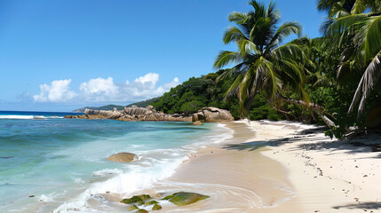 Fototapeta na wymiar A beautiful exotic beach with palm trees, white sand and blue.