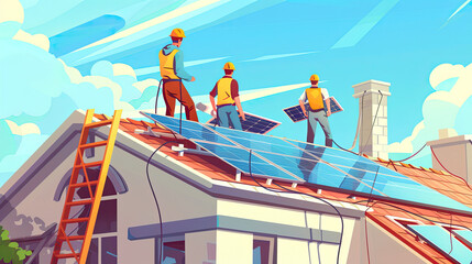 Builders installing solar panel system on roof of house. Men workers in helmets carrying photovoltaic solar module outdoors. - obrazy, fototapety, plakaty