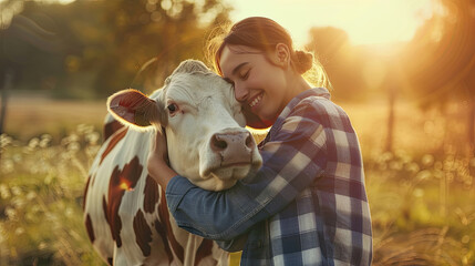 Farmer Happy young woman hugging cow with sun light, concept veterinary health care.
