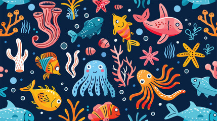 Fototapeta na wymiar Fun seamless pattern of marine life illustration fl