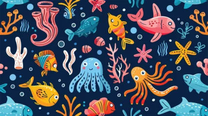 Fotobehang In de zee Fun seamless pattern of marine life illustration fl