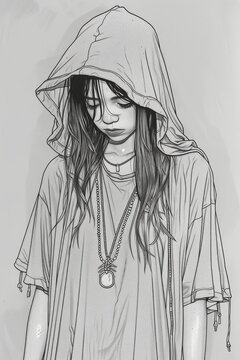 A girl with long hair is wearing a hoodie and a necklace