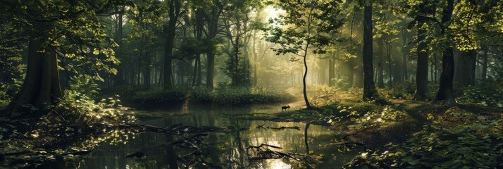 Sunlit forest with reflection on water - A breathtaking forest scene where the morning sun pierces through the dense foliage, casting reflections on the water's surface - obrazy, fototapety, plakaty