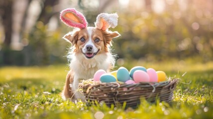 Dog with bunny ears next to Easter eggs - A dog wearing pink bunny ears is sitting in a sunny garden with a basket full of colorful Easter eggs