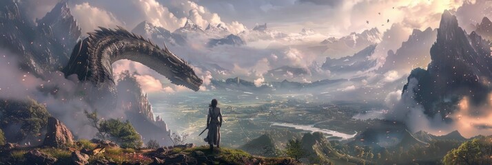 Epic vista with dragon and warrior - A majestic and epic fantasy vista of a warrior beholding a vast landscape with a dragon flying overhead amidst misty mountains - obrazy, fototapety, plakaty