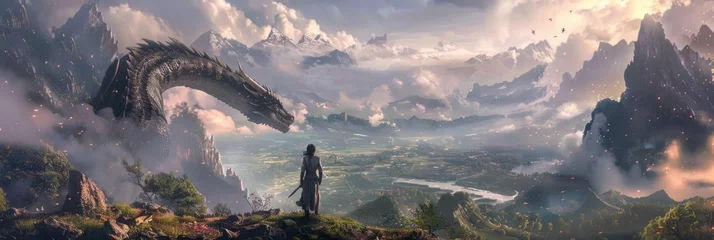 Sierkussen Epic vista with dragon and warrior - A majestic and epic fantasy vista of a warrior beholding a vast landscape with a dragon flying overhead amidst misty mountains © Mickey