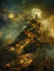 Fantasy castle on a celestial pathway - A majestic fantasy castle perched atop celestial stairs amidst swirling clouds and cosmic landscape