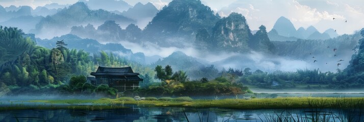 Tranquil traditional village in misty mountains - A peaceful traditional Asian village by a calm lake with mist-shrouded mountains in the background, evoking a sense of harmony with nature
