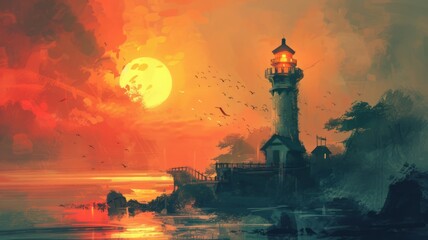 Mystical lighthouse in sunset digital art - A romantic and ethereal digital artwork depicting a lighthouse against a sunset backdrop, birds, and reflective waters - obrazy, fototapety, plakaty