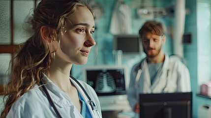 Obraz premium Portrait veterinary doctor young woman on background man with ultrasound device for rectal checking cow pregnancy. Concept worker of industry livestock cattle farm.