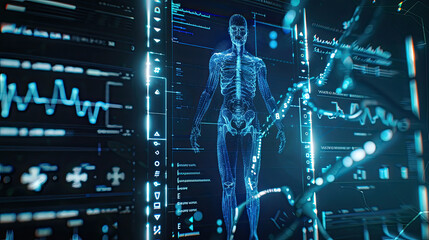 Science hologram medical screen DNA data analysis body research futuristic background DNA infographic scan health 3D technology digital medicine human graph human technology interface.