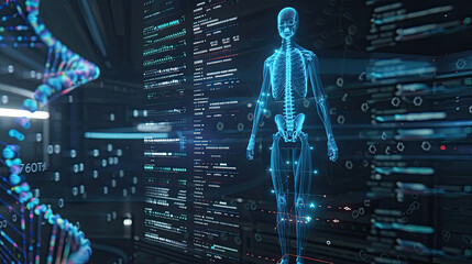 Science hologram medical screen DNA data analysis body research futuristic background DNA infographic scan health 3D technology digital medicine human graph human technology interface.