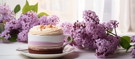 Obraz na płótnie Canvas A bunch of lovely lilac flowers arranged next to a steaming cup of aromatic coffee placed on a wooden table