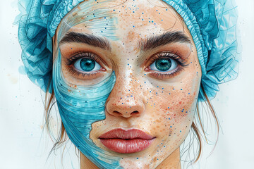 Digital artwork of a woman's face with surreal blue elements and freckles, emphasizing beauty in a...