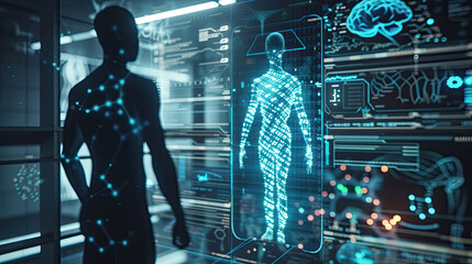 Science hologram medical screen DNA data analysis body research futuristic background DNA infographic scan health 3D technology digital medicine human graph human technology interface. - obrazy, fototapety, plakaty