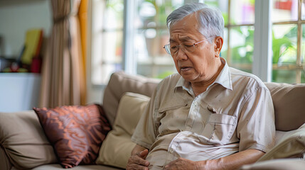 Senior men holding his stomach feeling pain while sitting on the sofa at home. Asian man having stomachache with isolated gastric.