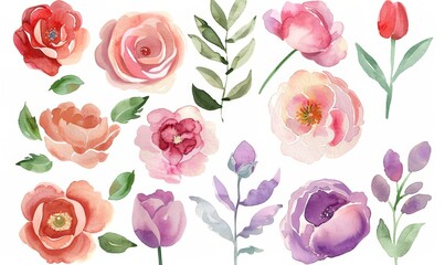 A collection of various watercolor flowers, painted in vibrant hues, arranged on a clean white background