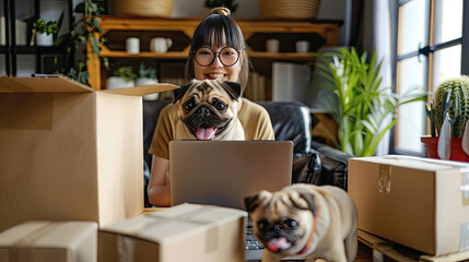 SME entrepreneur of Young women working with laptop for Online shopping at home with dog pug breed Cheerful and Happy with box for packaging in home Own Business Start up and work from home concept. - obrazy, fototapety, plakaty