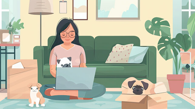 SME entrepreneur of Young women working with laptop for Online shopping at home with dog pug breed Cheerful and Happy with box for packaging in home Own Business Start up and work from home concept.