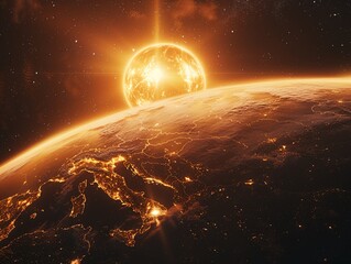 6K image of Earth with sun unnervingly close, symbolizing heat wave and global warming, intense and dramatic