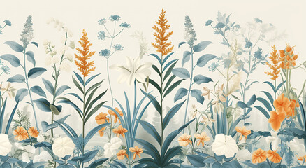 Delicate Botanical Illustration: Wildflowers and Grasses in Soft Tones