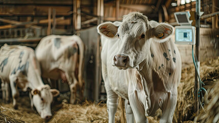 Veterinarian man with ultrasound device checking if cow is pregnant in cowshed on farm. Concept artificial insemination of cattle.