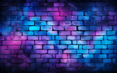 Vibrant blue and pink neon lights reflecting off a textured brick wall, creating a moody and atmospheric urban background. Generative AI