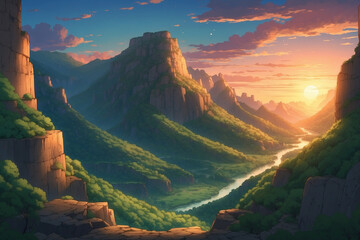Green canyon in the twilight at sunset. In anime style - obrazy, fototapety, plakaty