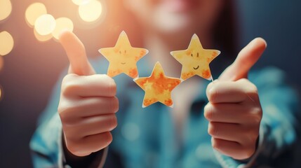Hands Thumbs-Up: Customer Review Concept, Three-Star Rating, Positive Feedback