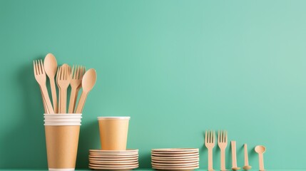 A stack of eco-friendly disposable tableware arranged neatly in the center of the frame