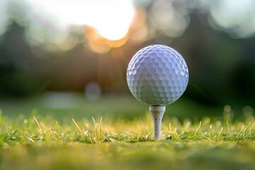 Golf ball on tee, soft green background, morning light, tranquil and ready