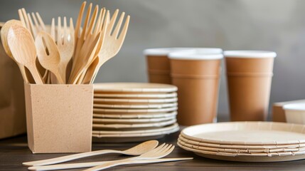 Stack of eco-friendly disposable tableware. 