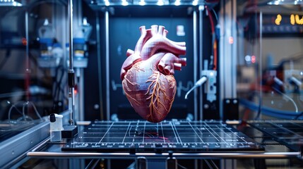 A realistic human heart model created by a 3D printer inside a laboratory, showcasing advanced biomedical engineering technology.