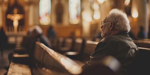 An elderly man seated on a wooden bench inside a church, looking contemplative
