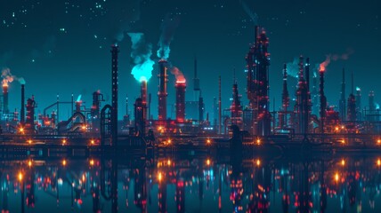 Industrial nightscape with pollution emission - Futuristic dystopian cityscape reflecting industrial pollution with a dramatic, ominous atmosphere