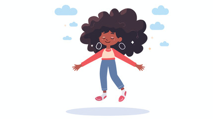 Girl with afro floating above the ground thanks to