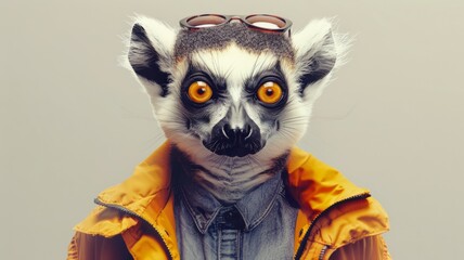 Lemur in jacket looking like a human - Image of a ring-tailed lemur standing with a blurred face, dressed in human-like clothes, depicting a fusion of animal and human attributes in a humorous way - obrazy, fototapety, plakaty